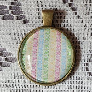 Pastel Hearts in Stripes Pendant - Handmade